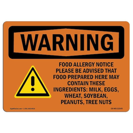 OSHA WARNING Sign, Food Allergy Notice Please Be W/ Symbol, 24in X 18in Decal